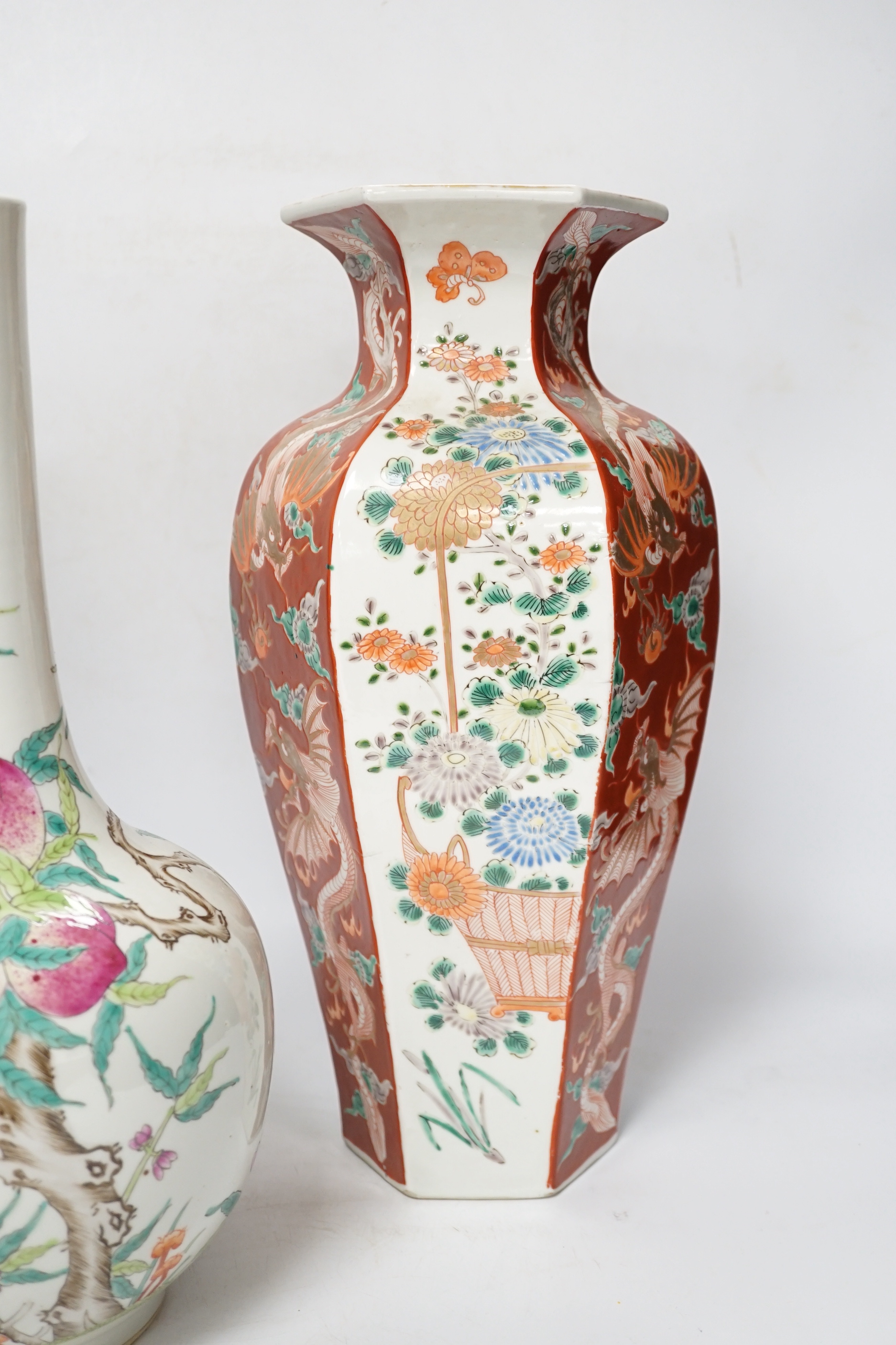 A Chinese peach-decorated vase and a Chinese hexagonal vase, latter 36cm
